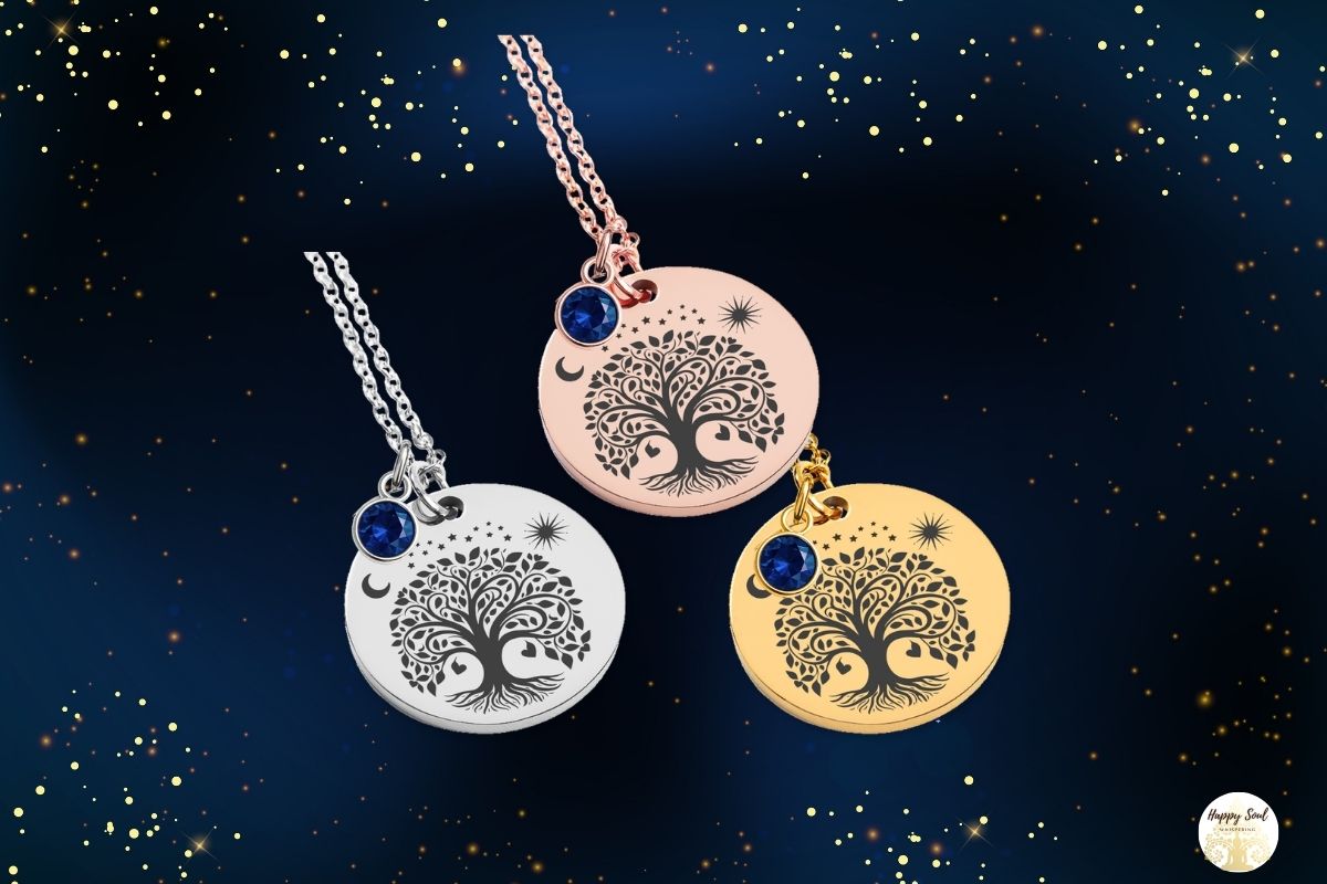 Lebensbaum Kette in Gold, Silber und Roségold mit blauem Geburtsstein – personalisierter Schmuck