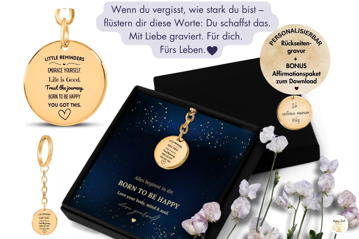 Goldener Schlüsselanhänger mit Gravur Born to be happy, Affirmationsschmuck