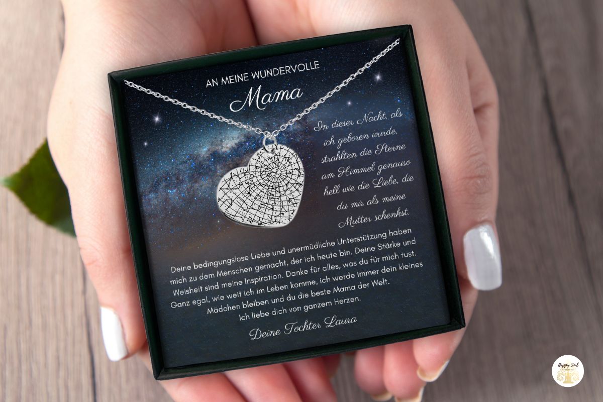 Personalisierte Sternenkarte Halskette in Geschenkbox mit Botschaft für Mama – einzigartiger Schmuck mit emotionaler Bedeutung